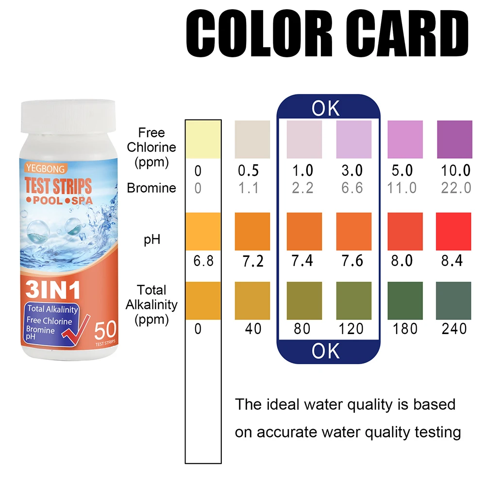 

50pcs/bottle 3 In 1 Home Easy Apply Water Test Strips Multifunctional Swimming Pool Measuring Tools Accurate Portable Paper Spa