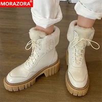 morazora plus size 34 43 new genuine leather boots women lace up platform ankle boots thick fur warm snow boots ladies shoes