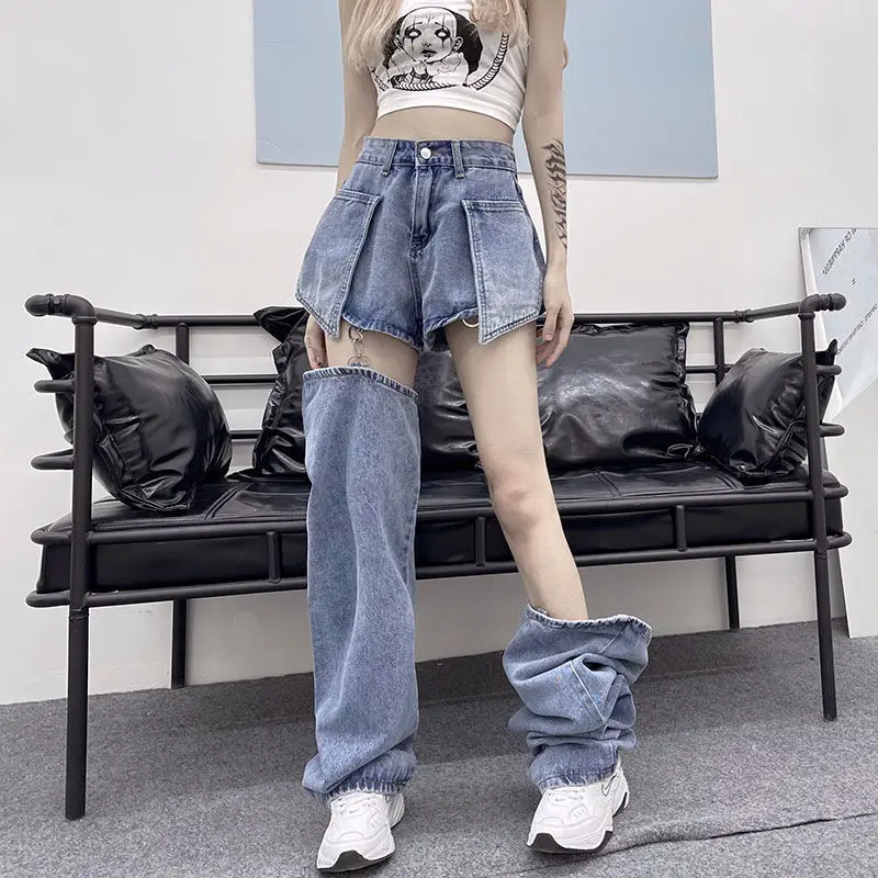 

Jeans Women's Straight Tube Loose Summer New Ins Detachable Shorts High Waist Retro Show Thin Wide Leg Jeans Fashion High Street