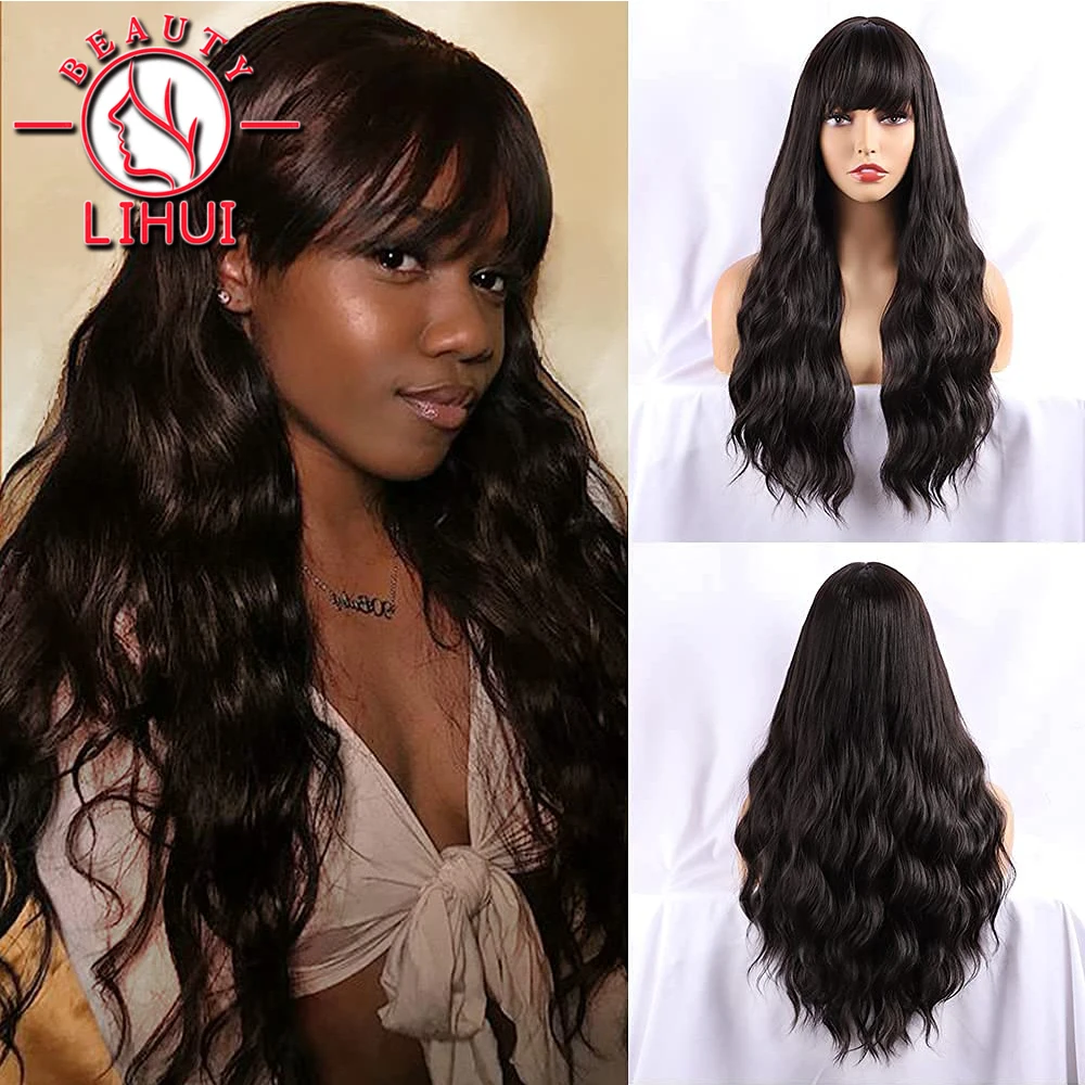 

26INCH Long Wavy Black Brown Ombre Synthetic Wigs With Bangs Cosplay Party Lolita Wig For Women Heat Resistant Hair Wigs LIHUI