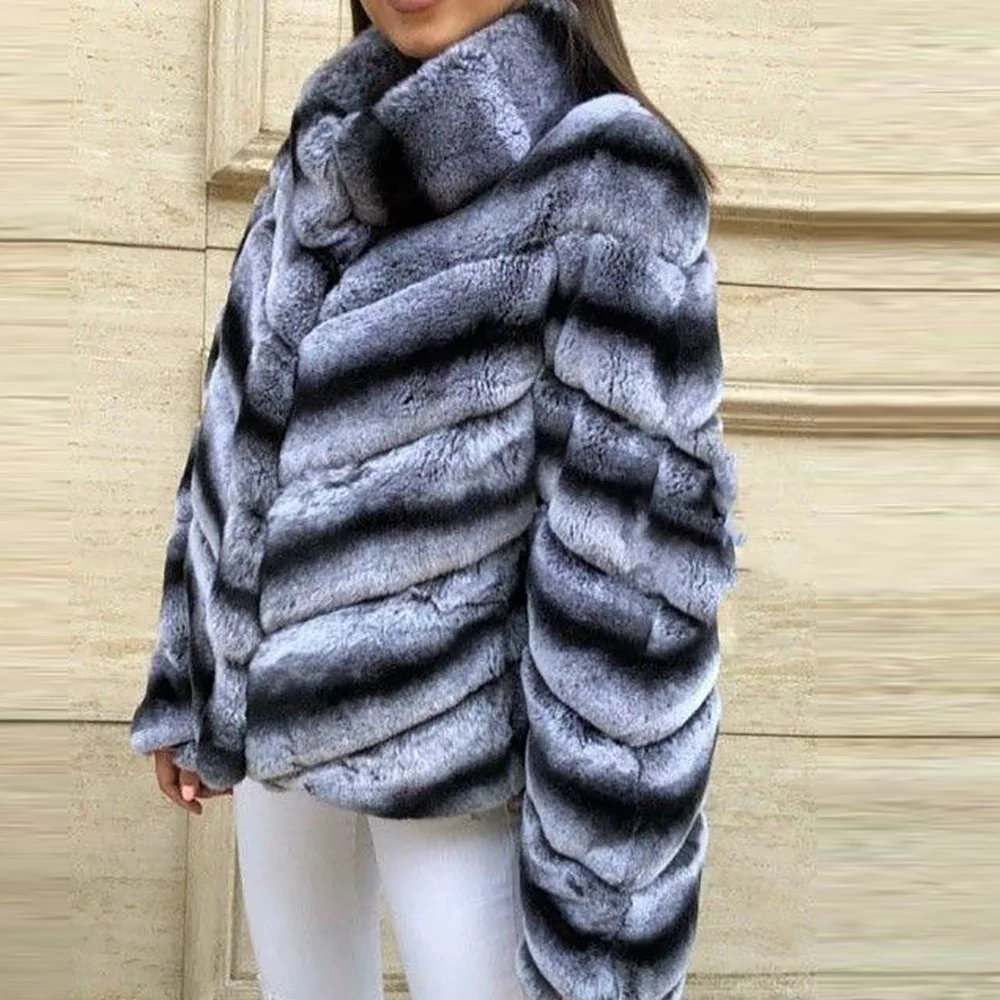 60cm stand collar Горячая Распродажа, Женское пальто из натурального меха кролика рекс высокого качества, натуральный мех кролика Рекс шиншилла, зимняя куртка - Цвет: 60cm stand collar