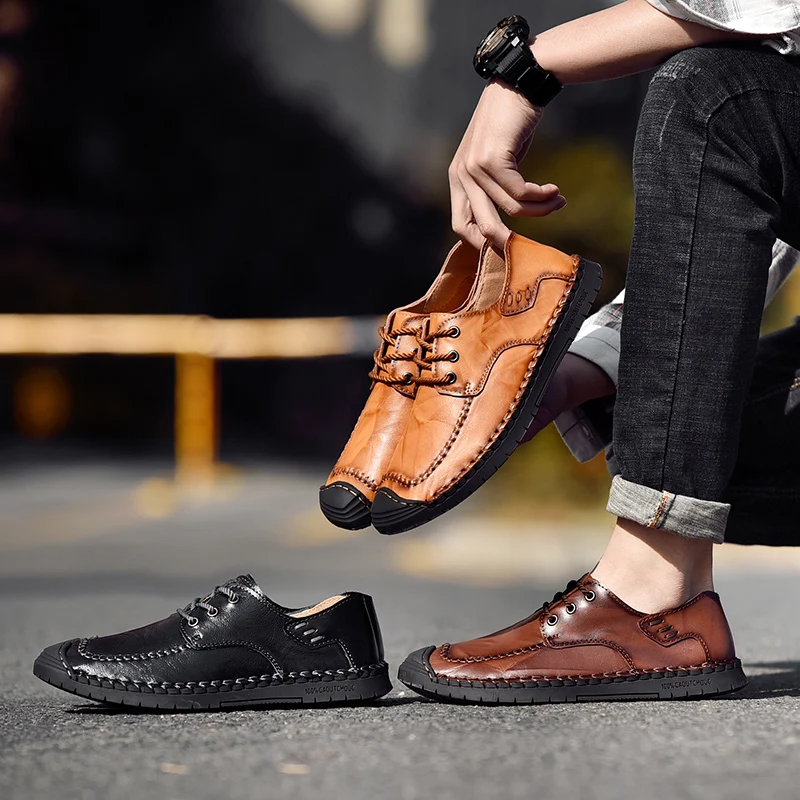 Мужские кожаные туфли на плоской подошве мужские оксфорды с ручным шитьем модные
