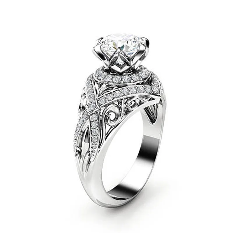 

Classic Round Top Quality Zircon Ring With White Silver Color Leaf Vintage Engagement Wedding Rings for Women Party Jewelry Gift