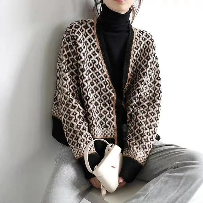 

Vintage Plaid Print Sweater Cardigans Women V Neck Full Sleeve Korean All-Match Knitwear Autumn Elegant Cardigan Female LD2183