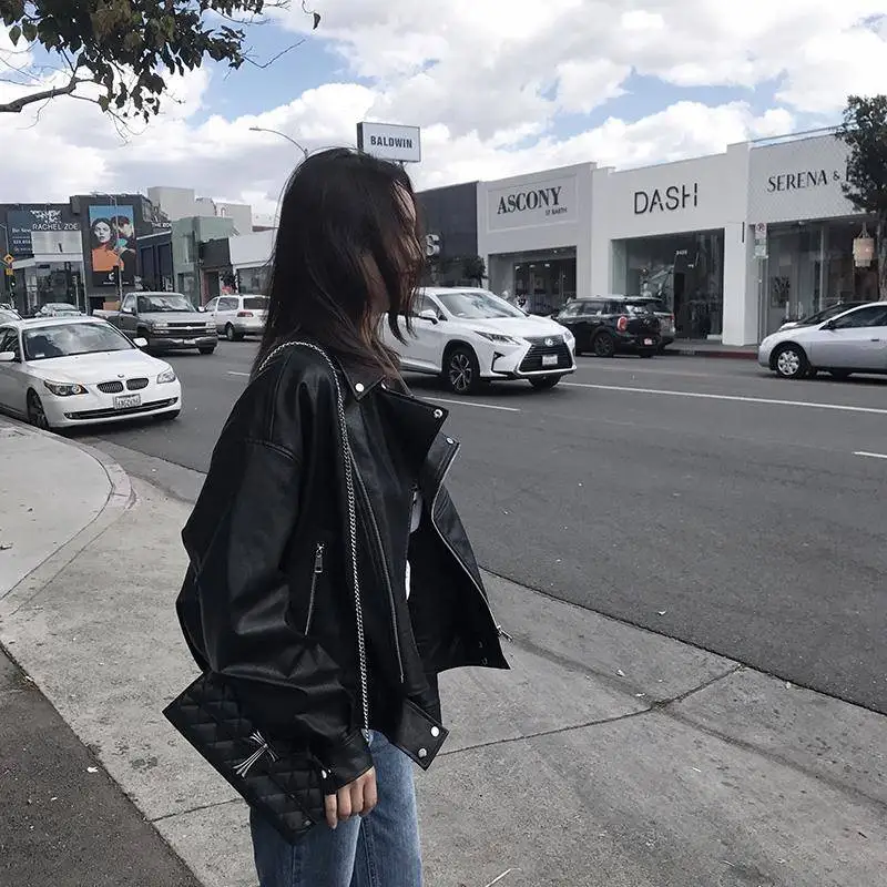 Ранняя осень женская Свободная Гонконгская ветрозащитная кожаная куртка
