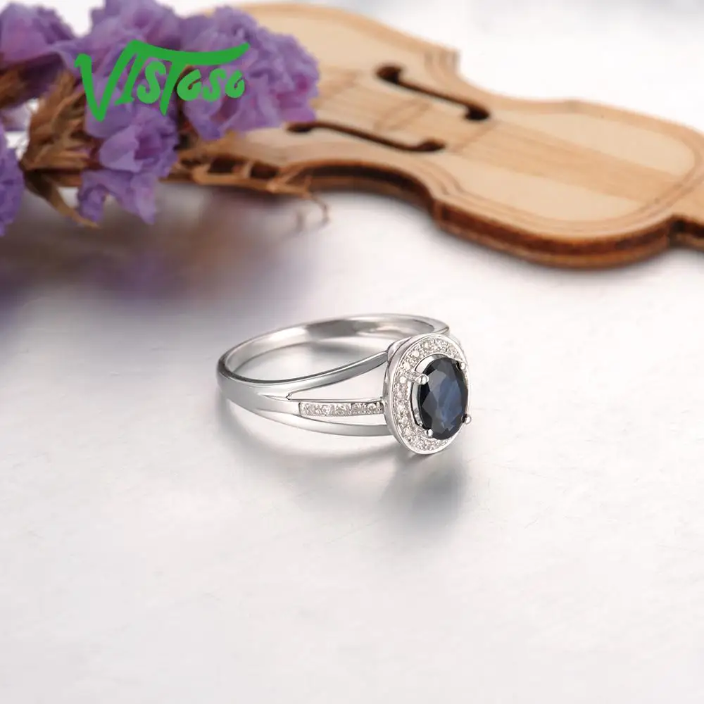 VISTOSO 14K White Gold Rings For Women Genuine Sparkling Diamond Fancy Blue Sapphire Engagement Anniversary Unique Fine Jewelry
