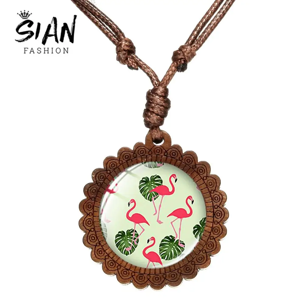 SIAN Palm Leaves Flamingo Charm Wooden Necklace Green Plant And Flower Art Pictures Glass Dome Round Pendant Hand Craft Jewelry | Украшения