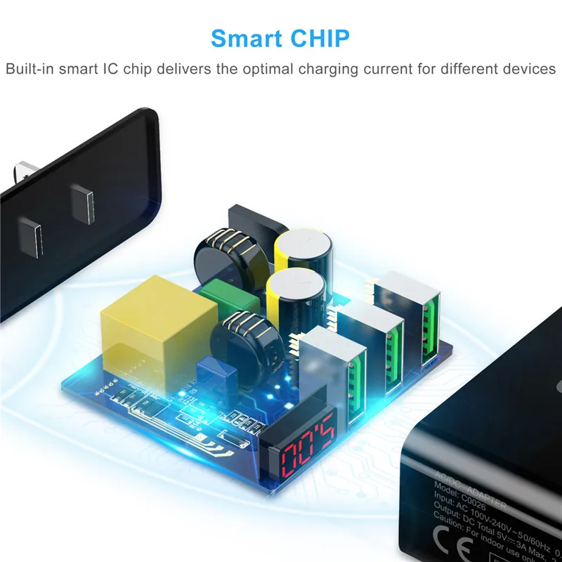 3 Порты и разъёмы LED Дисплей USB Зарядное устройство Универсальный 5 В/3A
