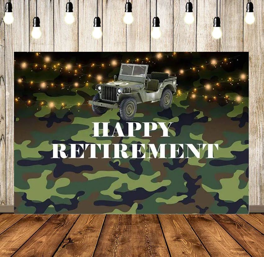 

Retired Soldier Happy Retirement Party Decoration Backdrop Army Green Camouflage Photography Background Cake Table Banner