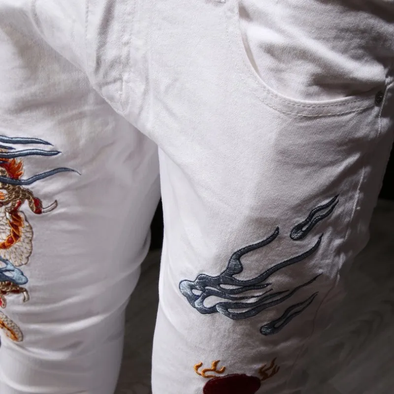 

Summer White Jeans Men Chinese Style Embroidery Slim Denim Trousers Street Zipper Slim Frayed Casual Pencil Pants Male 28-36