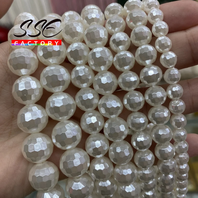 

6 8 10 12mm Natural White Shell Pearl Round Loose Beads Faceted For Jewelry Making Diy Necklace Bracelet Accessories 15" Strand