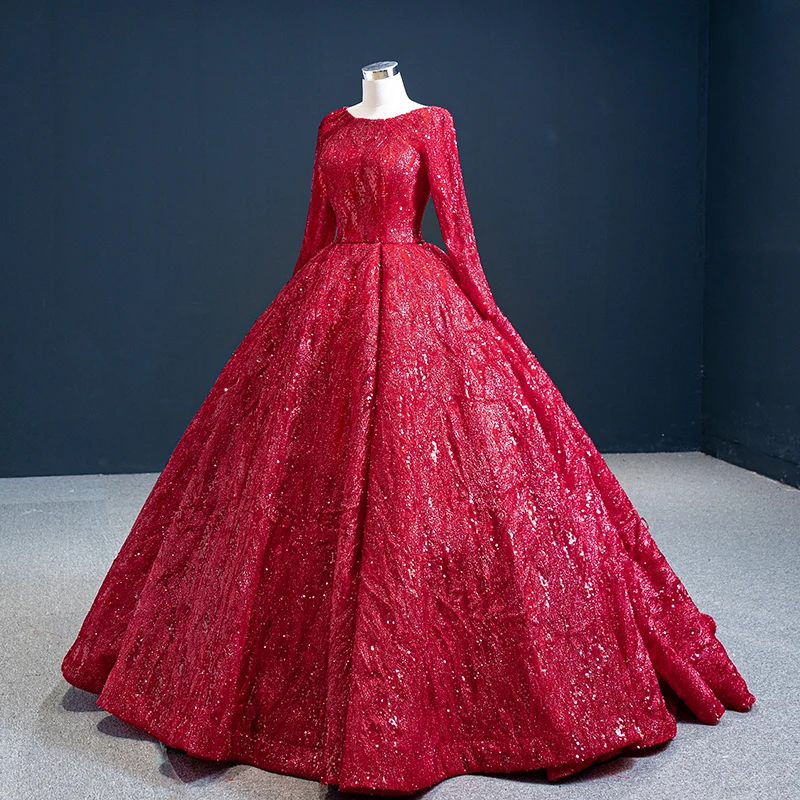 J67121 JANCEMBER Red Elegangt Simple Evening Party Dresses 2021 Sequined Court Train O-Neck Full Sleeve Ball-Gowns