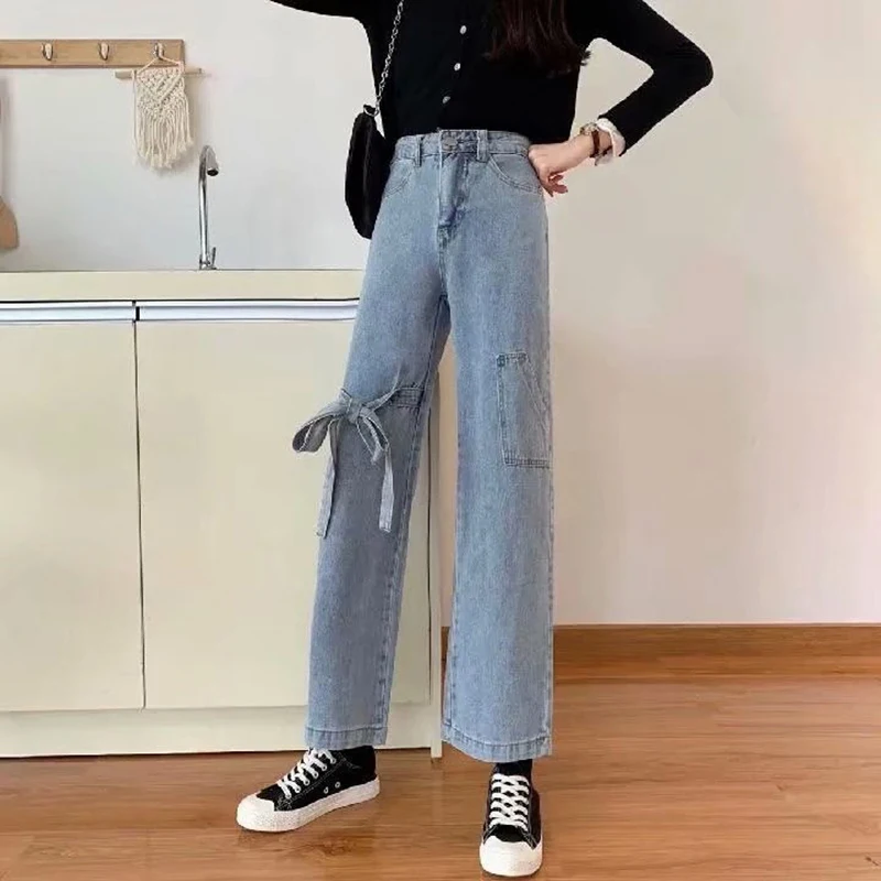 

Fashion Bownot Design High Waist Jeans Woman Straight Baggy Wide Leg Pockets Jeans Casual Blue Denim Streetwear Femme Trouser 70
