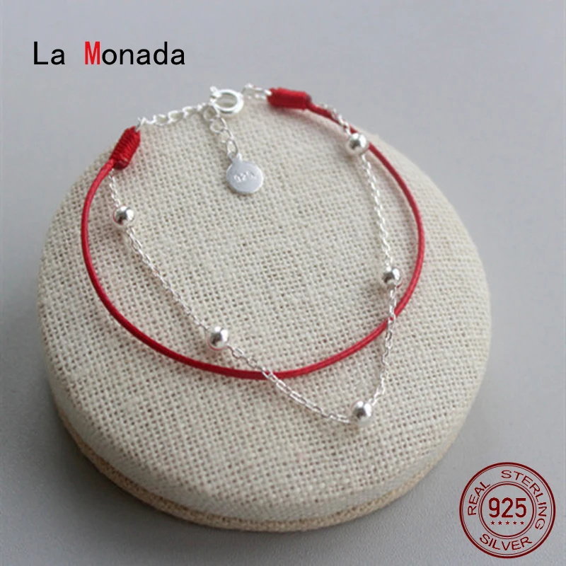 Женский серебряный браслет La Monad из серебра 925 пробы с Красной веревкой и бусинами
