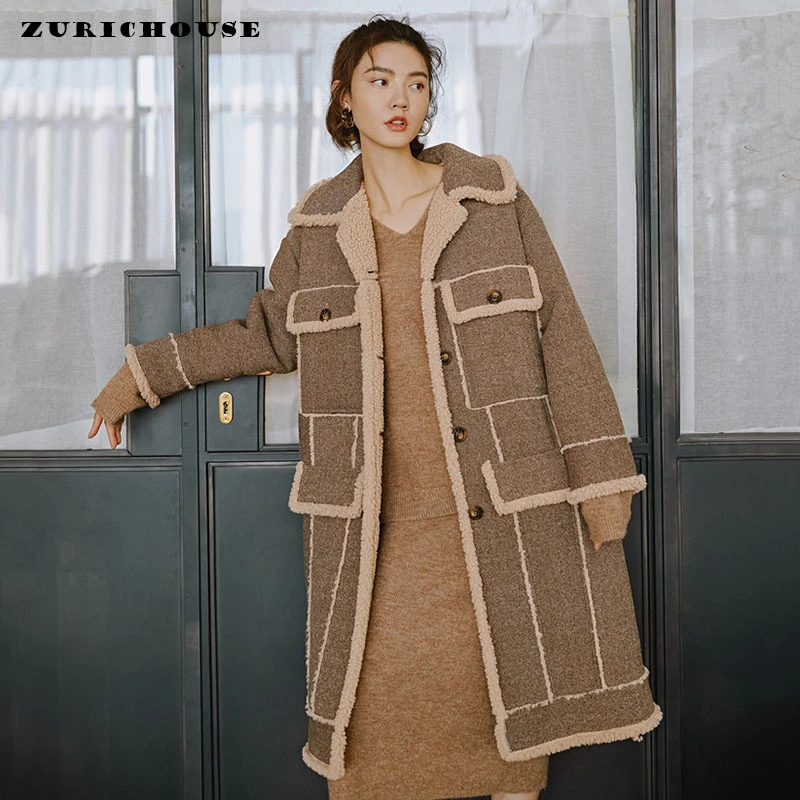 

Женское зимнее шерстяное пальто ZURICHOUSE, длинная куртка из овечьей шерсти, модный дизайн 2021, пальто из искусственного меха высокого качества ...