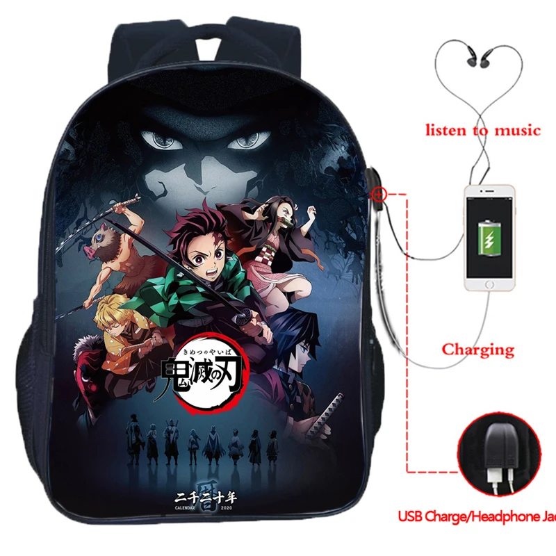 

16inch Anime Demon Slayer USB Backpack Teenager Kimetsu No Yaiba School Bag Kids Cartoon Bookbag Men Women USB Charge Travel Bag
