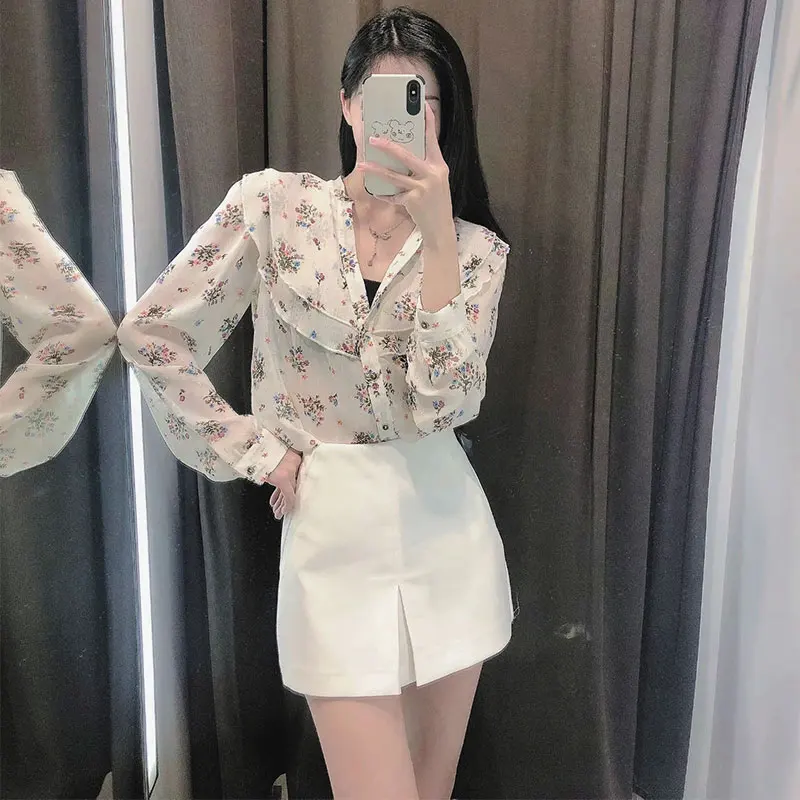 

2021 Sweet Fashion Floral Print Women Casual Loose Chiffon Shirt Vintage Long Sleeve Buttons Female Shirts Chic Tops