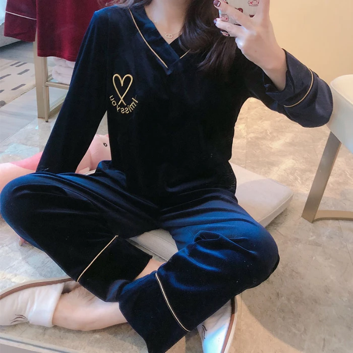 Женские Фланелевые пижамы с длинным рукавом WAVMIT золотистые бархатные v образным