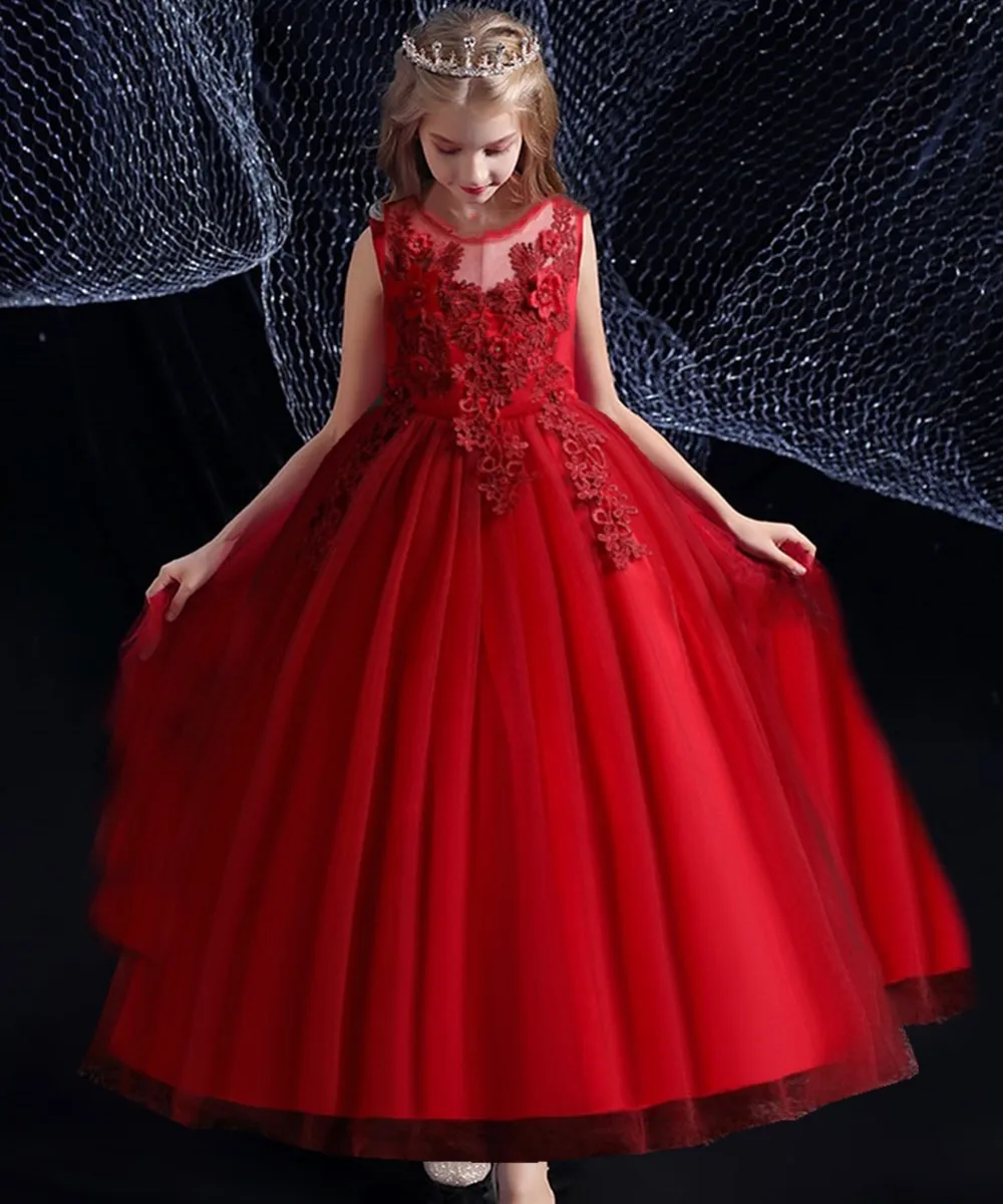 Wedding Party Dress for Girls Lace First feast princess Long Dress New Exchange Dress Ball Beauty Sexy Shoulder Dress