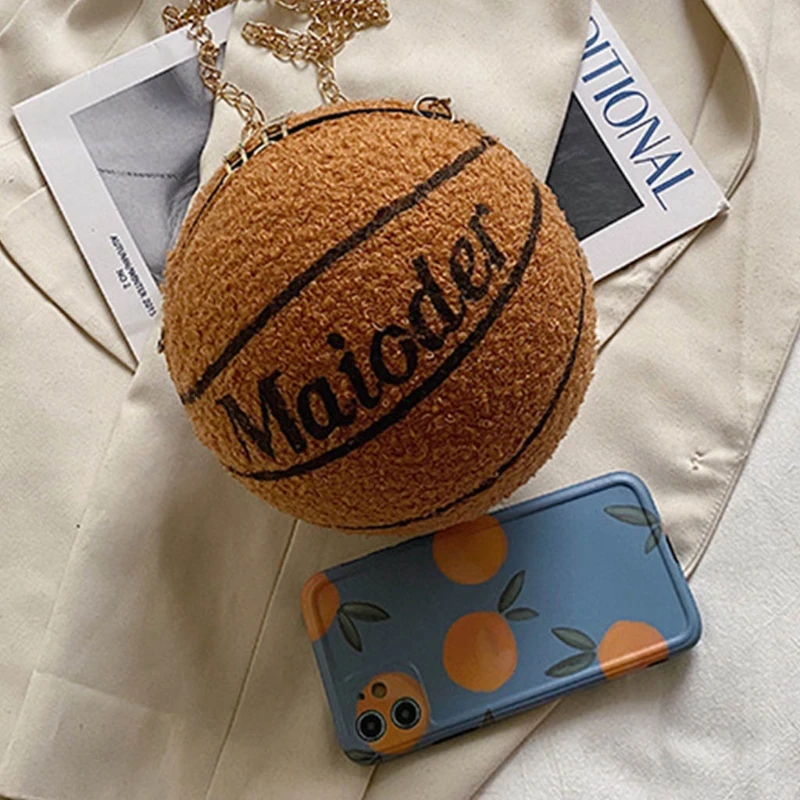 

Fashion Women Girl Basketball Shaped Round PU Leather Letter Shoulder Messenger Crossbody Bag Satchel Plush Tote Purse