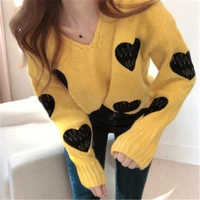 2020 women s sweater geometric heart embroidery sweater stiching colors v neck long sleeved fluffy knitted casual pullovers