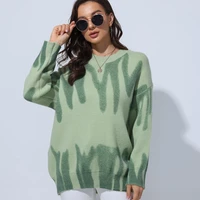 korean elegant green striped print oversized pullovers women winter o neck loose long sweaters streetwear warm outerwear 2021