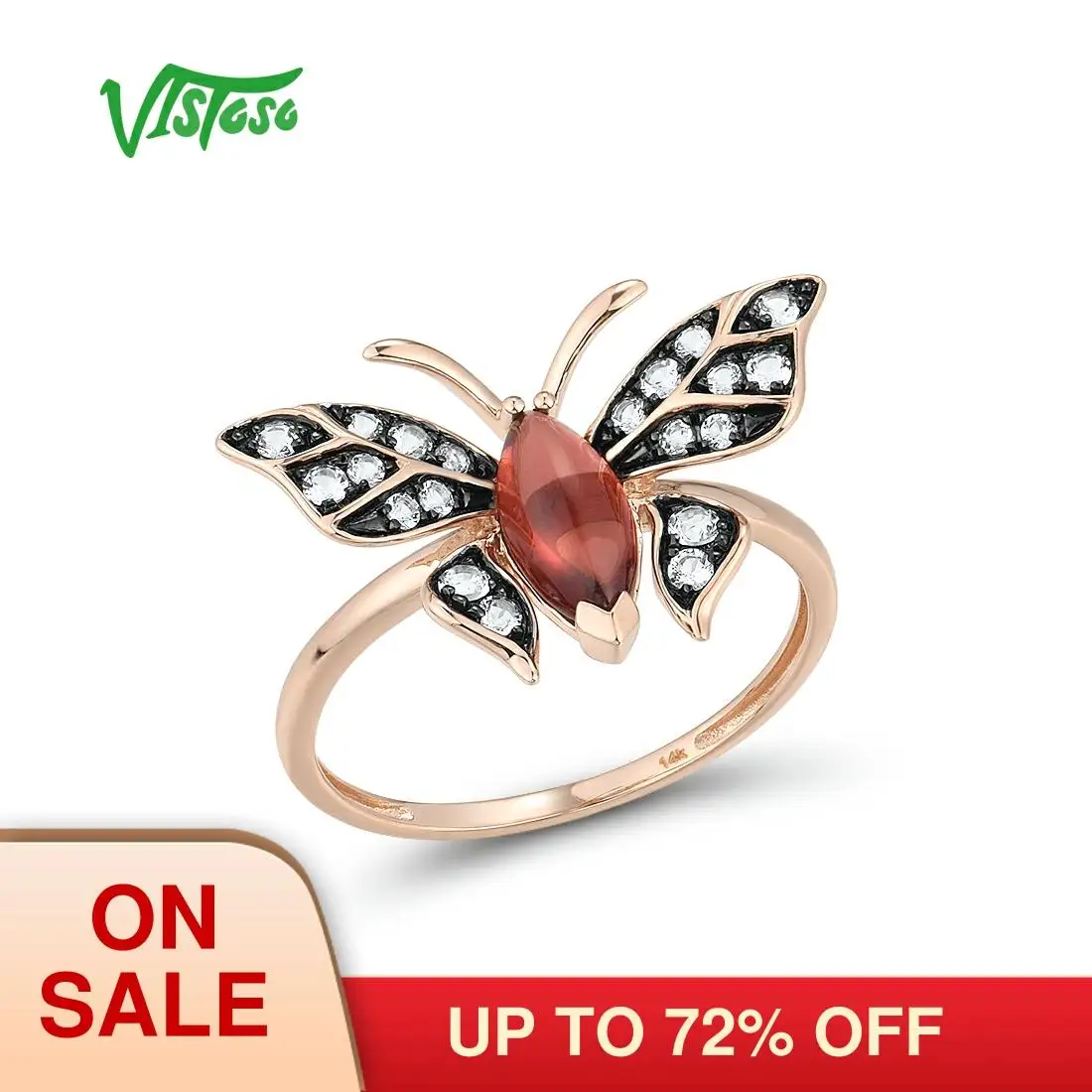 

VISTOSO Genuine 14K 585 Rose Gold Rings For Women Unique Garnet White Topaz Insect Ring Engagement Trendy Party Fine Jewelry