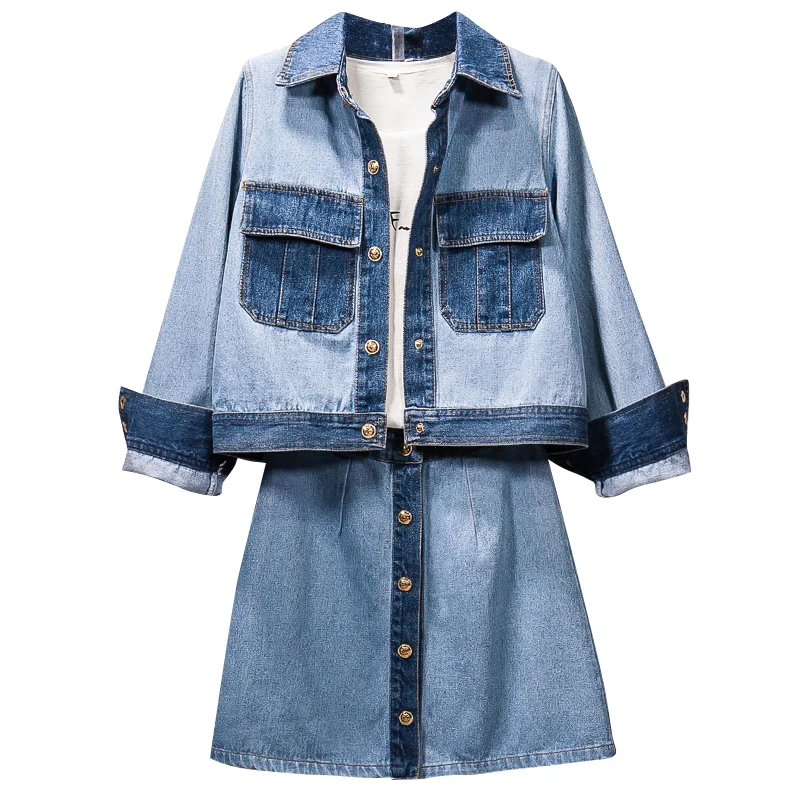 Женский джинсовый комплект из джинсовой куртки и мини юбки двух предметов синяя