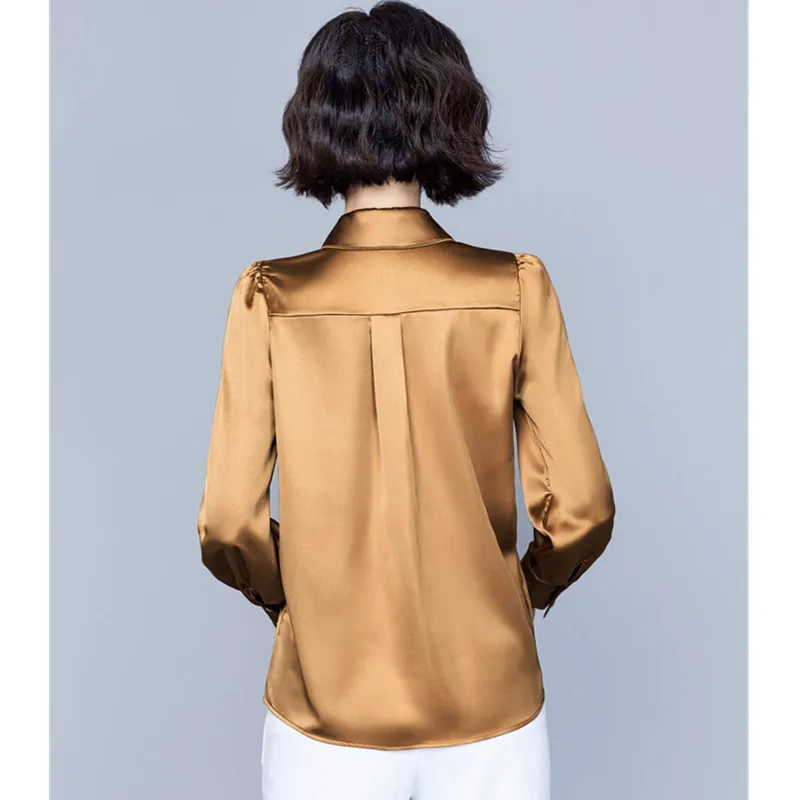 

Large Size 4XL Smoothy Silk Satin Shirts For Women Spring Autumn Long Sleeve Blouses Office Lady Solid Tops Female Clothing T123