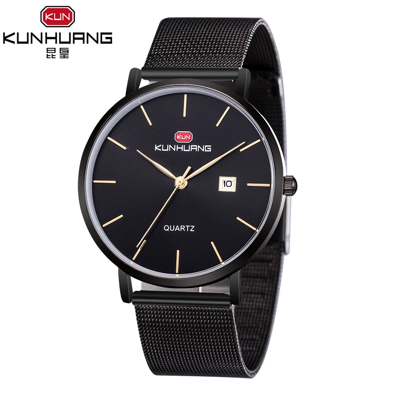 

KUNHUANG Men's Fashion Ultra Thin Watches Simple Men Business Stainless Steel Mesh Belt Calendar Quartz Watch Relogio Masculino