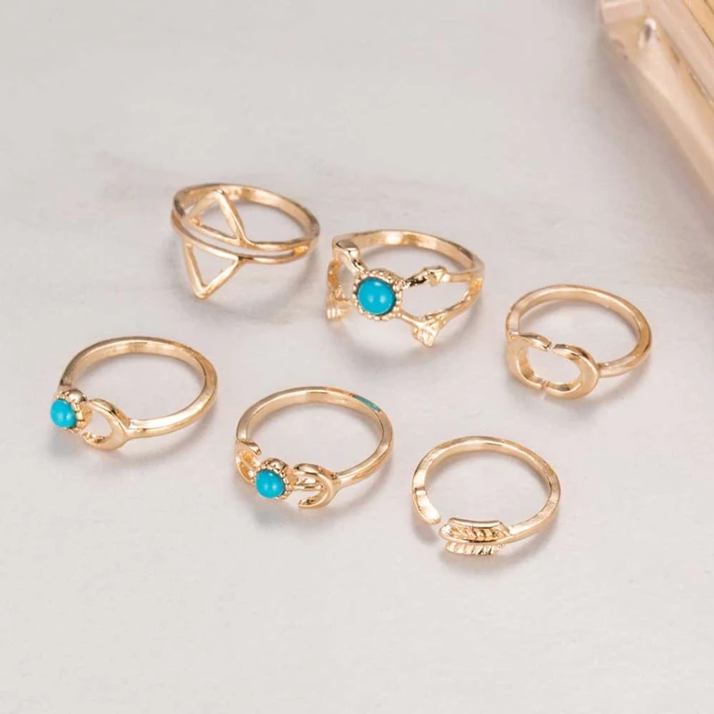R007 Gold color 6 шт./лот, уникальный комплект панк-колец с кристаллами в виде листьев, стильные кольца золотого цвета на кастет для женщин, кольца на палец средней длины, кольца на кончик пальца, набор колец на цепочке - Цвет основного камня: R007 Gold color