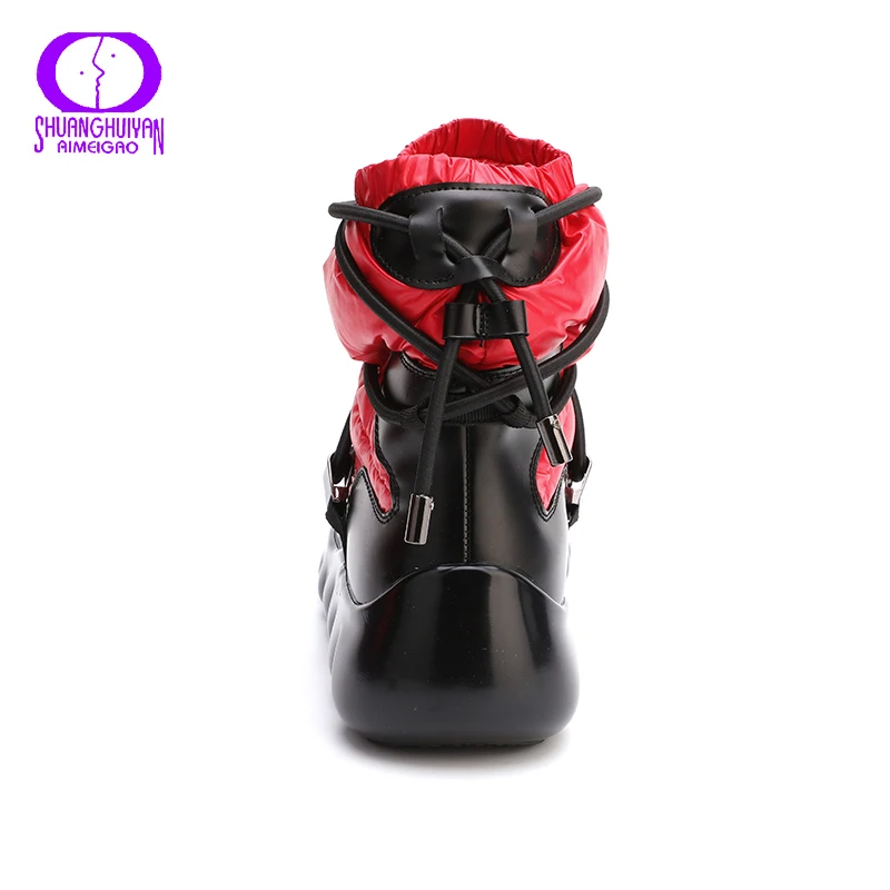 

AIMEIGAO 2020 Winter Down Feather Inside Snow Boots Women Warm Elastic Band Rome Ankle Shoes Female Mixed Colors High Heel Boots