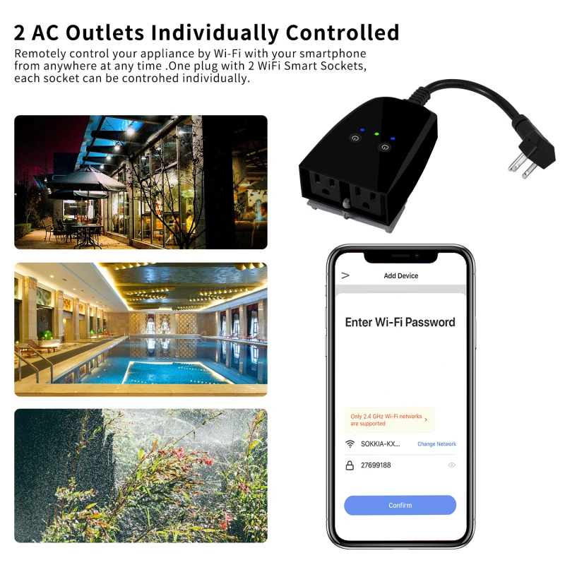 Уличная умная вилка, водонепроницаемая Wi-Fi розетка с 2 розетками, совместима с Alexa и Google Home