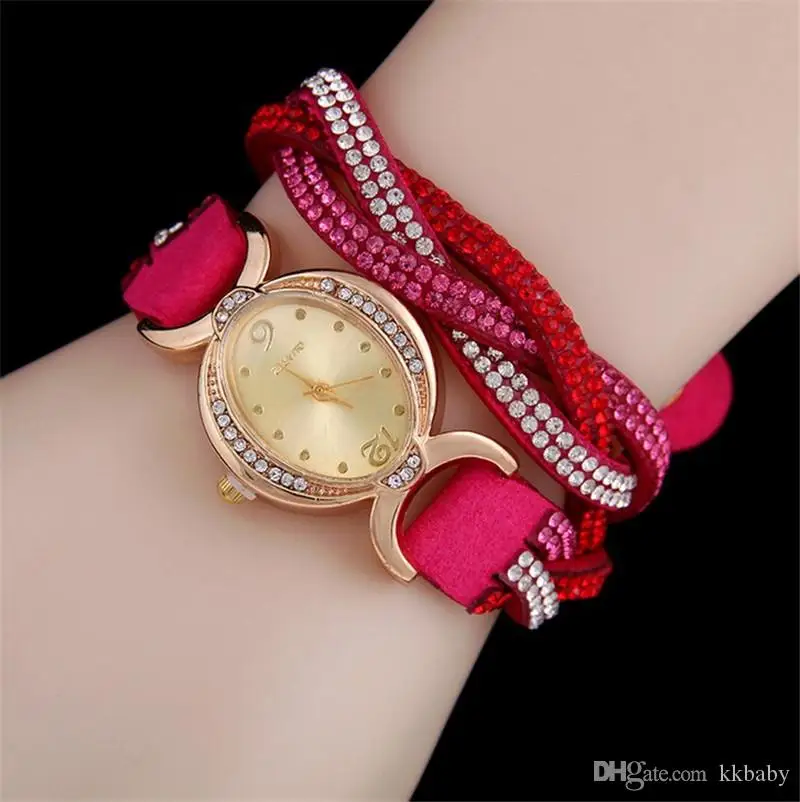 

Crystal Women Wrap Watches Korea Velvet Band Lady Leather Wrist Watches Oval Diamond Dial Charming Bracelets Watches Mix Colors