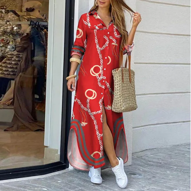 Fashion Ladies Long Sleeve Shirt Dress Printed OL Long Dress Ladies Lapel Stand Collar Loose Sun Dress Party Dress Beach Dress