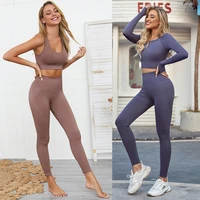 seamless yoga suit sports set gym clothes fitness women long sleeve crop top high waist leggings ribbed workout set tracksuits