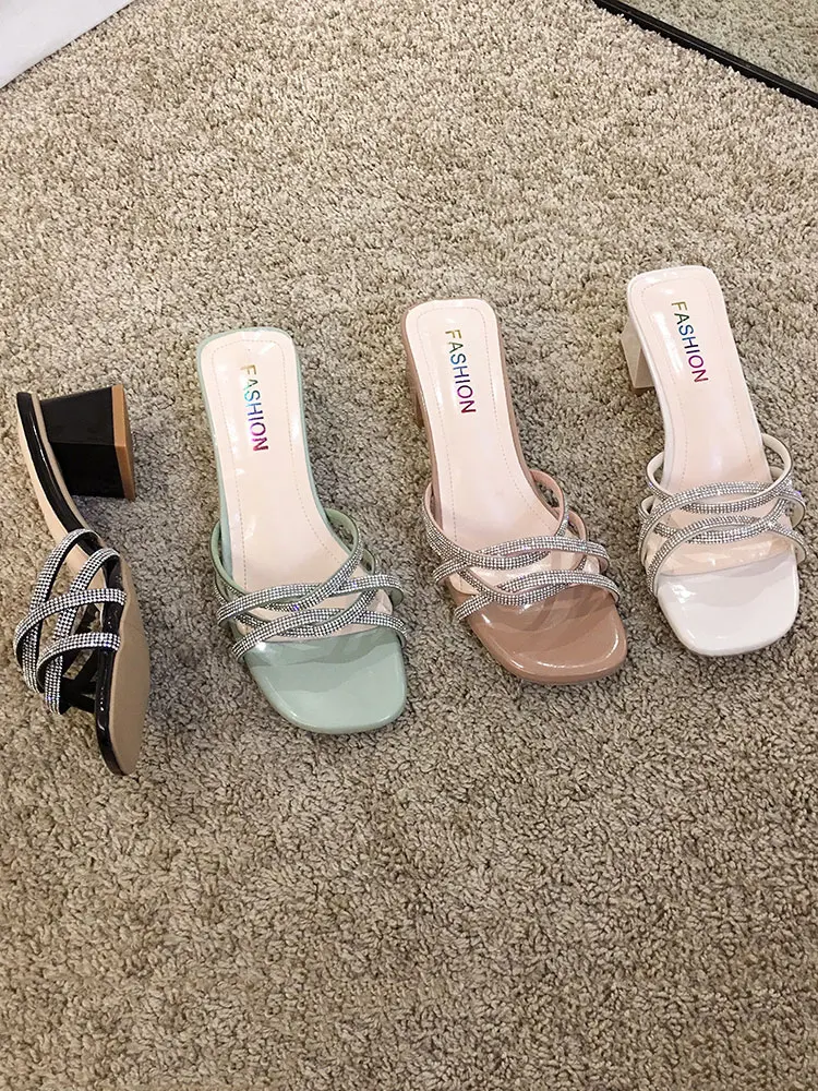 

Women's shoes slippers outdoor 2021 summer new rhinestone chunky heel high heels