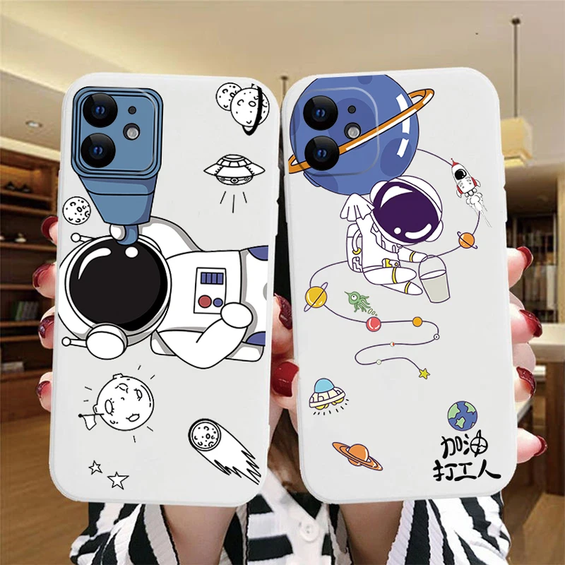 

Cute astronaut phone case for iPhone 13 12 11 Pro Max XS Max XR X 8 7 Plus white silicone soft bumper back cover