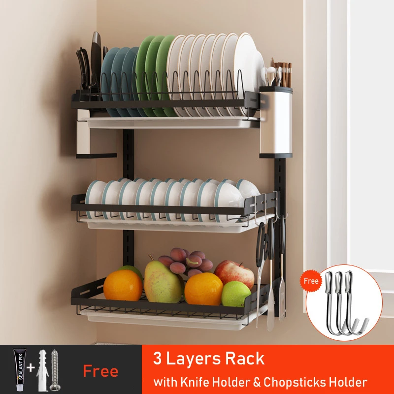 3 Layers B Беспробиваемая кухонная стойка DIY настенная подвесная черная тарелка из нержавеющей стали чаша-держатель нож вилка стеллаж для хранения Органайзер инструмент 08175 - Цвет: 3 Layers B