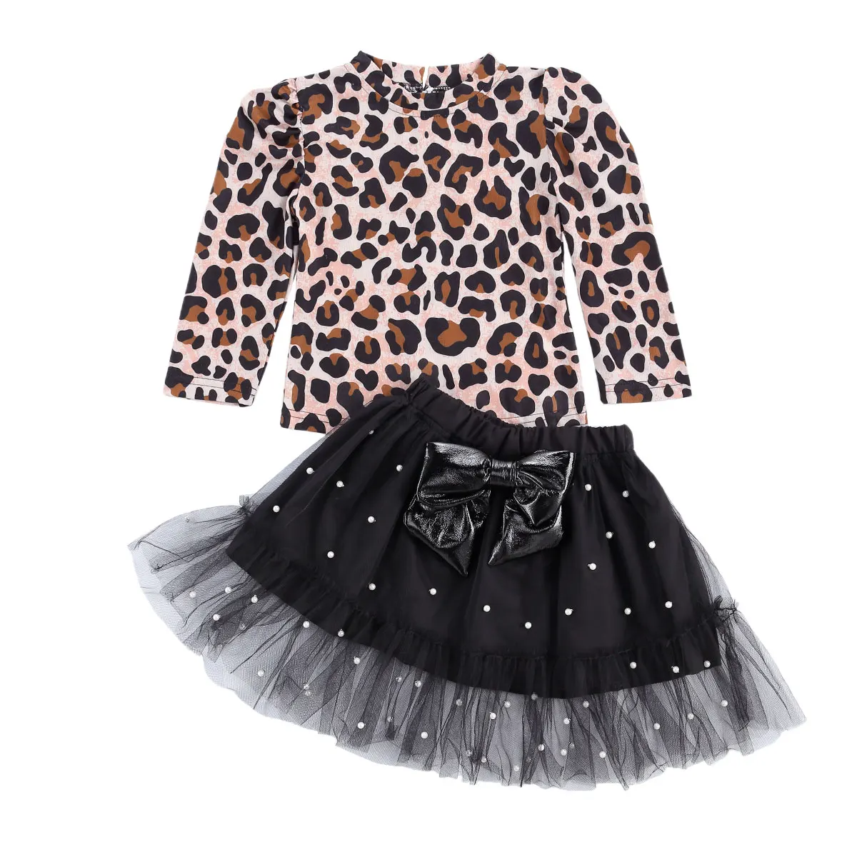 

Autumn Fashion Kids Girls 1T-6T Leopard Clothes Sets 2pcs Long Sleeve Pullover T Shirts Tops Pearl Lace Bow Tutu Skirts