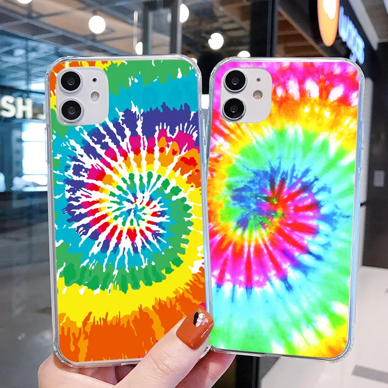

For iPhone 12 12pro SE 2020 6 6S 7 8 Plus X XR XS Max Rainbow Hippie Art Silicone Phone Case 11 pro max tpu Tie Dye Background