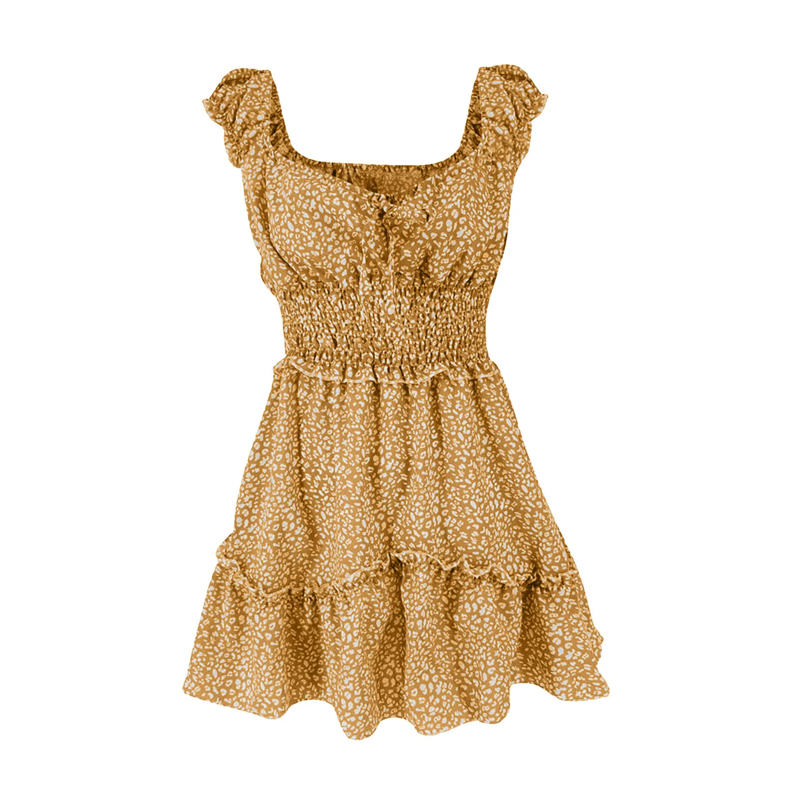 

Sexy Ruffles Women Puffed Sleeves Dress Square Neck Bow Slim Waist Floral Dresses New 2021 Summer Girls Princess Pleated Dresses