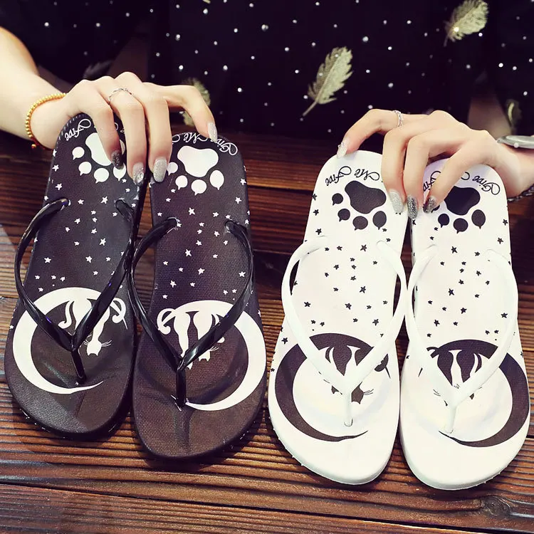 Летние тапочки с мультяшным рисунком кота и луны вьетнамки женские сандалии