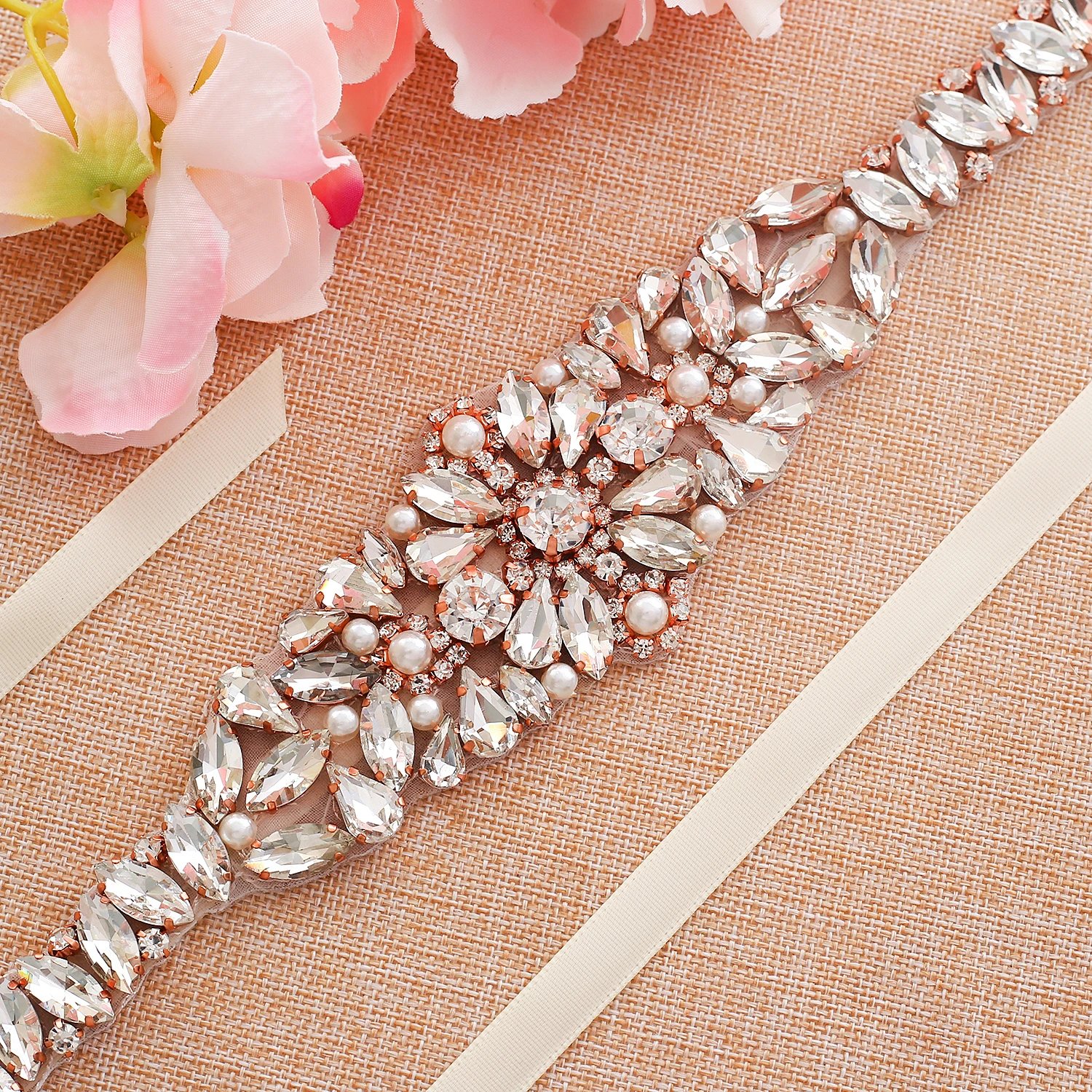 

long length Pearls Belt Rose Gold Rhinestones Crystal Bridal Belt Hand Beaded Thin Wedding Dress Belt J174RG