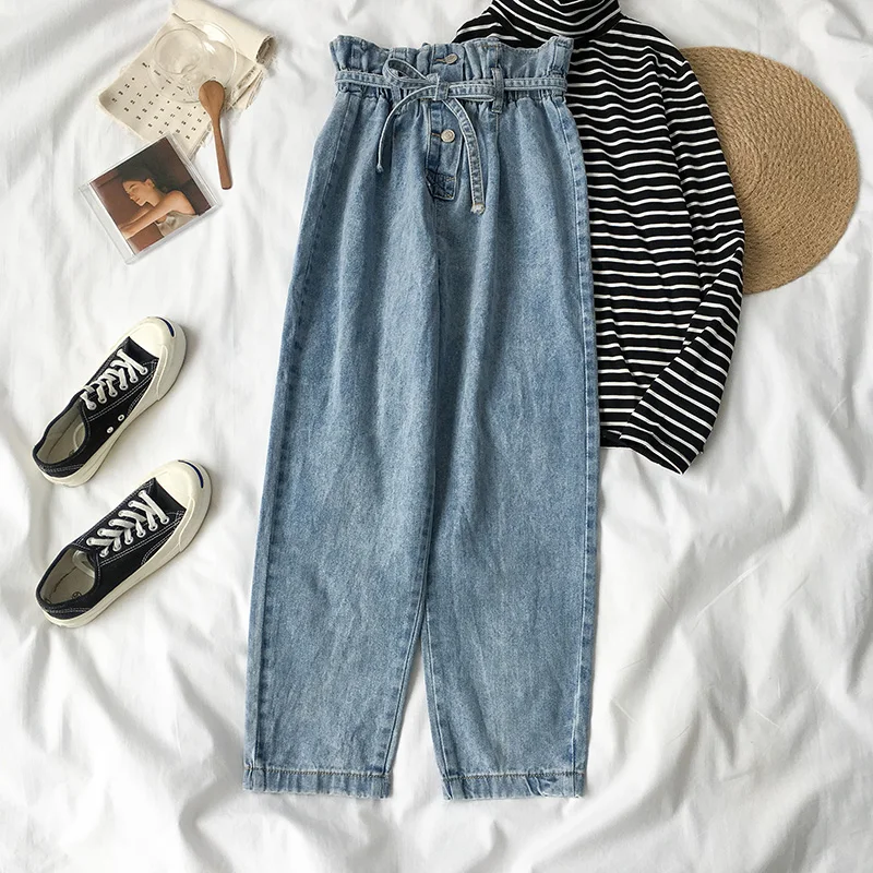 Korean Fashion Blue Jeans Woman Vintage Washed High Waist Female Casual loose Elastic Pockets Denim Pants | Женская одежда
