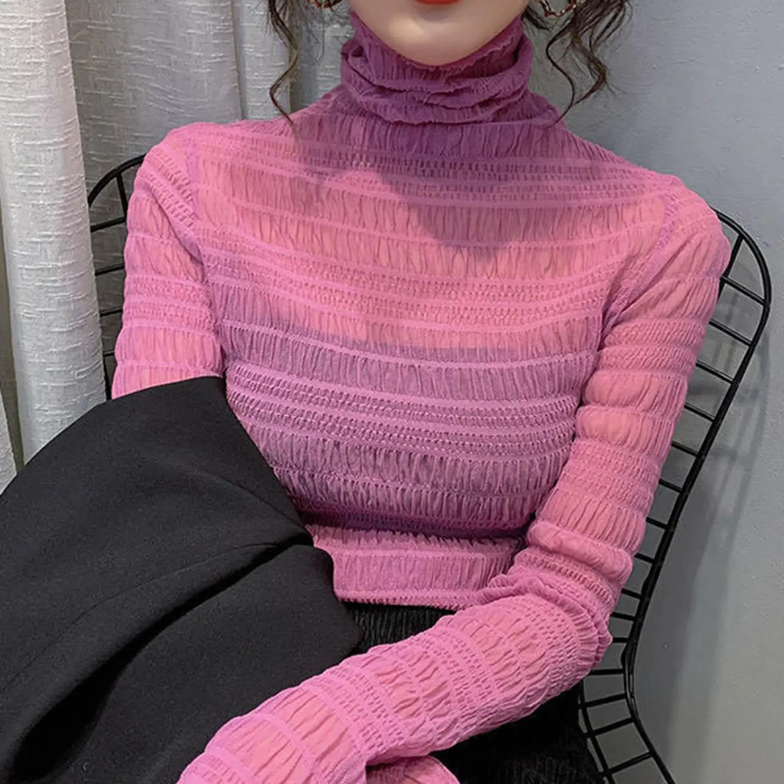 

Women Autumn Solid Color Heap Collar Slim Blouse See Through Sheer Base Women's Clothing ropa mujer 2020