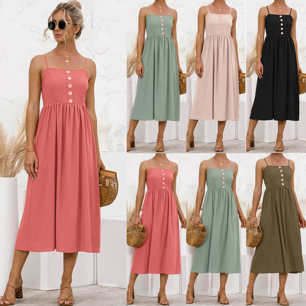 

Holiday button Sexy beach print Slim long dress 2021 dress summer fashion vestido Spaghetti Strap Mid-Calf party boho dress