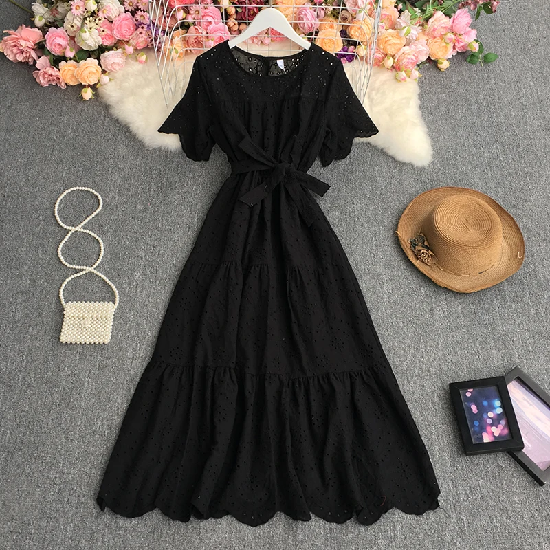 

2021 New Summer Temperament O-neck short sleeve Dress high waist lace up embroidery hollow out Ruffles mid-length A-line Dress