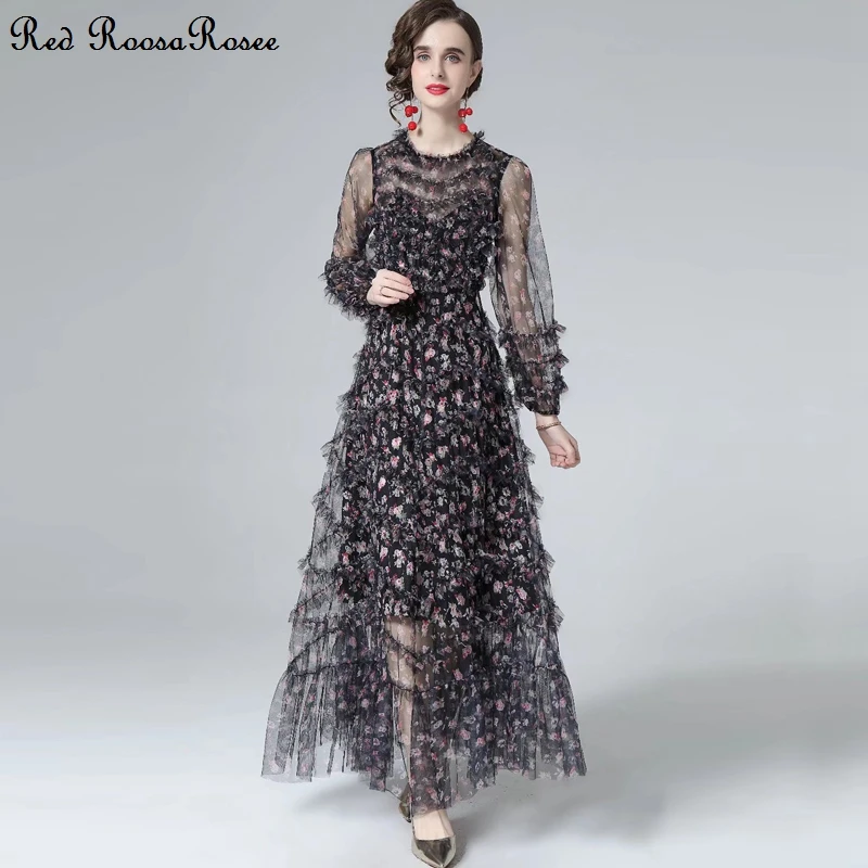 

Женское модельное платье RoosaRosee, красное платье с круглым вырезом, длинным рукавом, каскадными оборками и принтом, весна-лето 2022