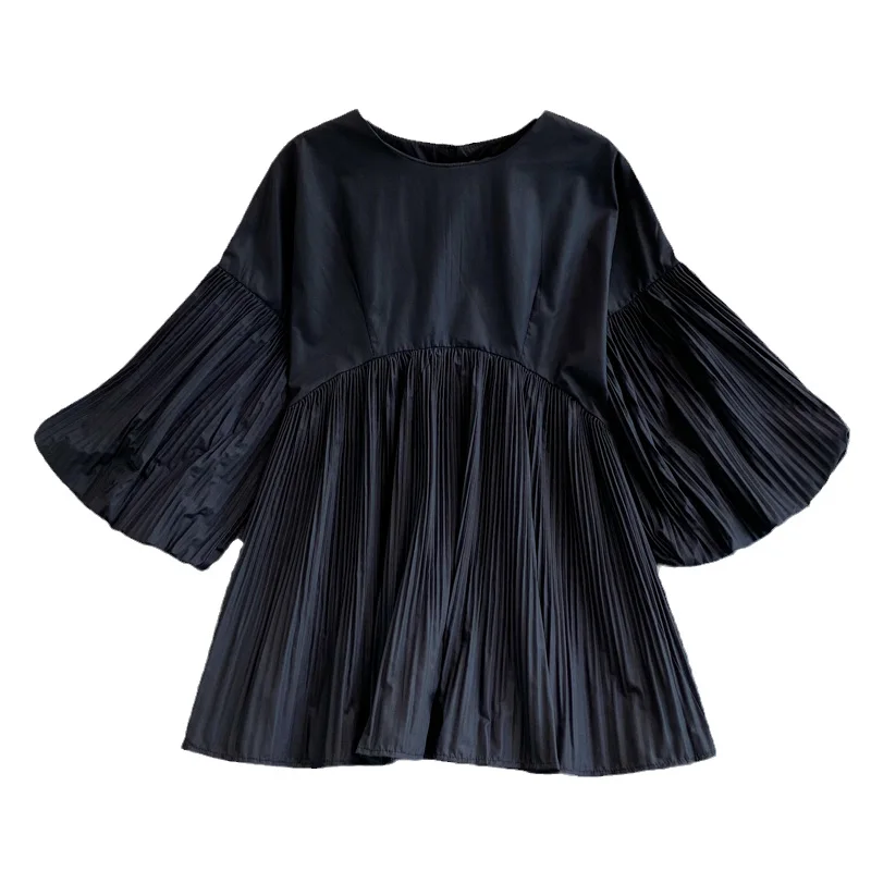 

2021 summer Korean version loose and thin temperament tops fashion personality pleated baby shirt casual pullover shirt trend